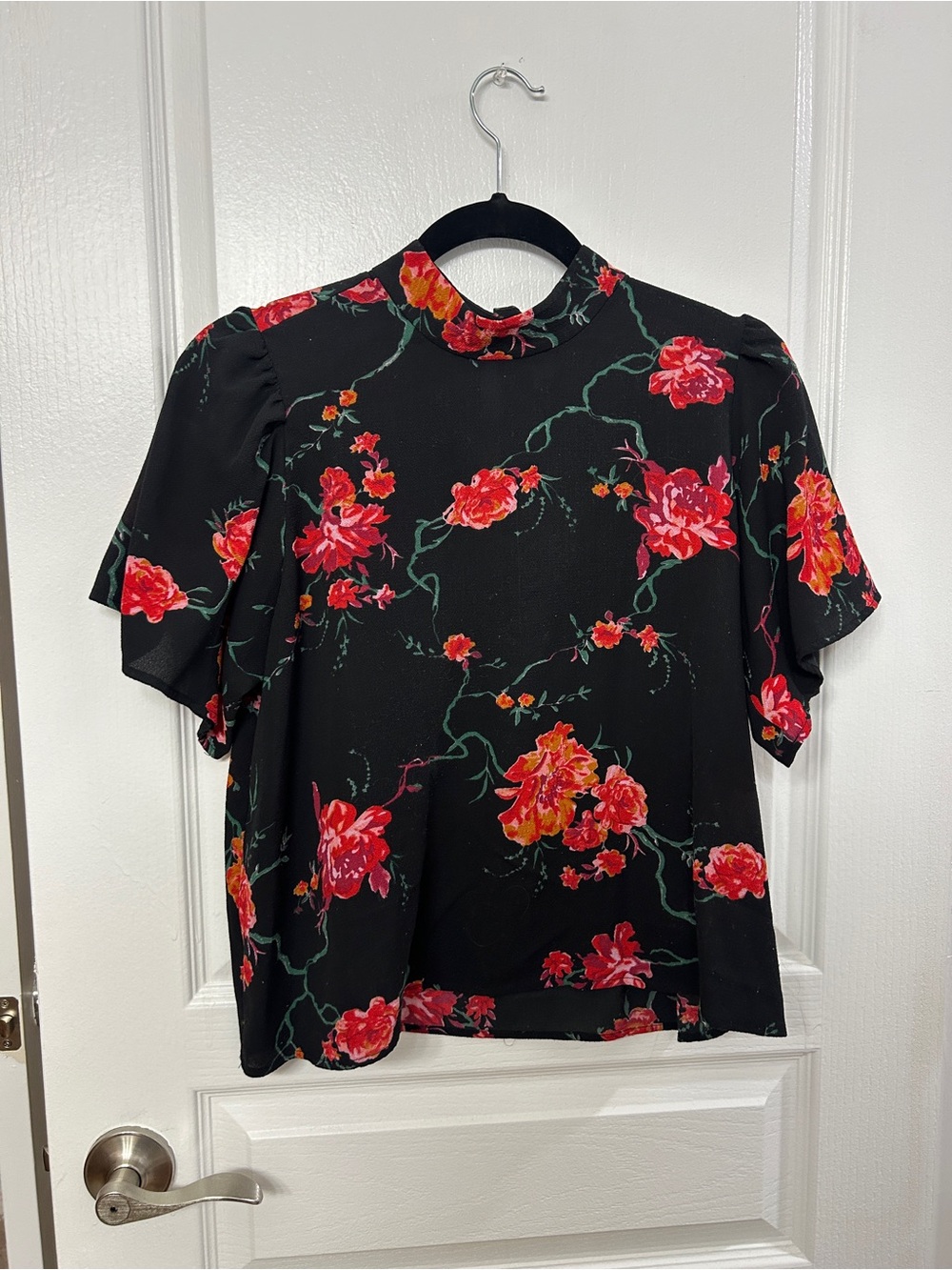 bp Black Short-Sleeve Blouse with Pink Floral Print